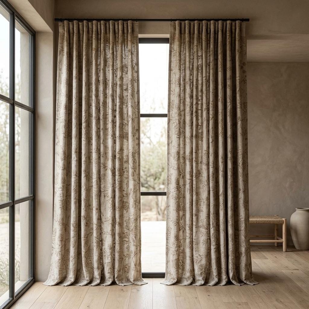 Natural Beige Linen Curtains, Taupe Jacobean Floral Embroidered Drapes, Custom Blackout Bedroom & Living Room Panels — image 3