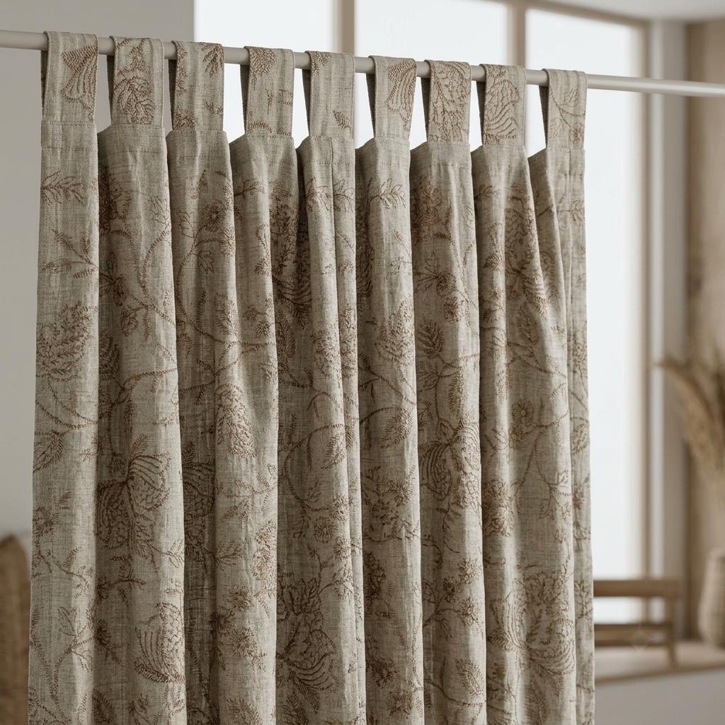 Natural Beige Linen Curtains, Taupe Jacobean Floral Embroidered Drapes, Custom Blackout Bedroom & Living Room Panels — image 4