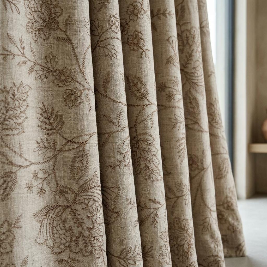 Natural Beige Linen Curtains, Taupe Jacobean Floral Embroidered Drapes, Custom Blackout Bedroom & Living Room Panels — image 10
