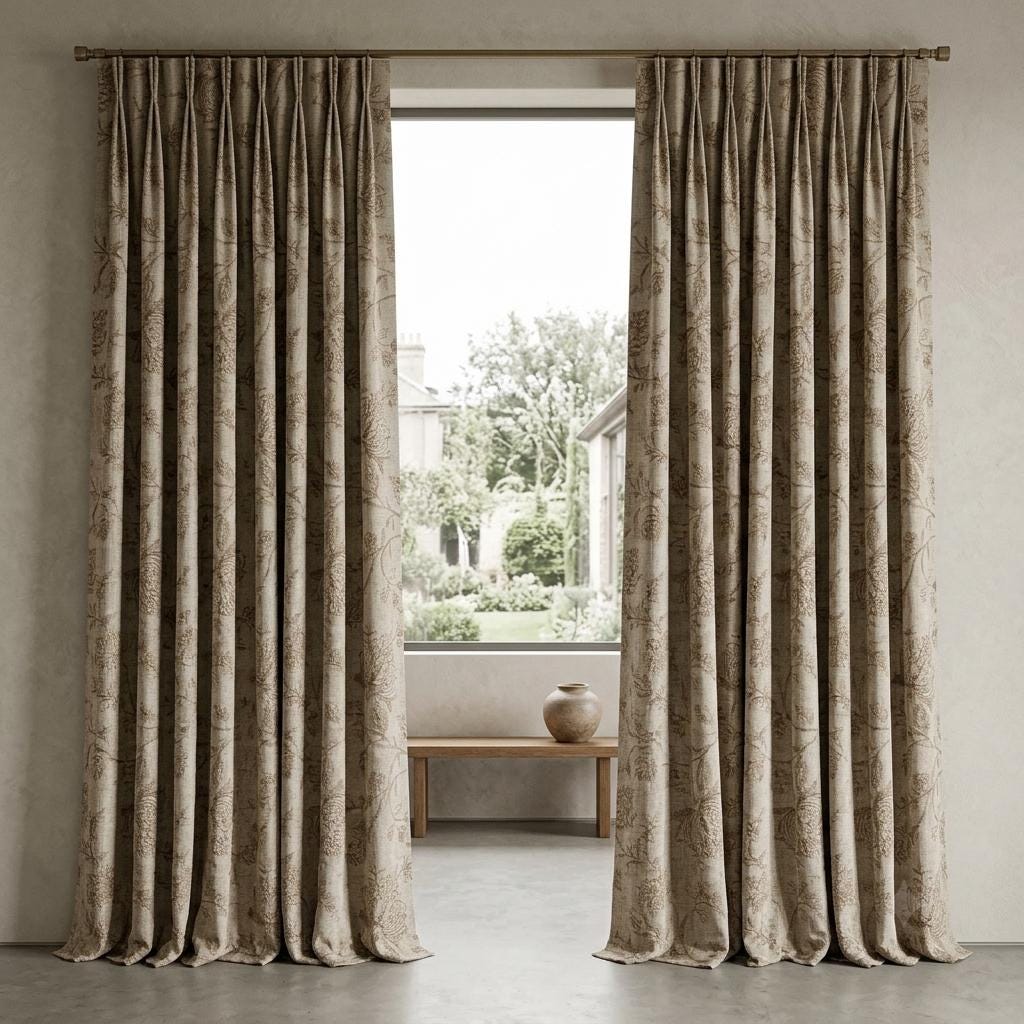 Natural Beige Linen Curtains, Taupe Jacobean Floral Embroidered Drapes, Custom Blackout Bedroom & Living Room Panels — image 9