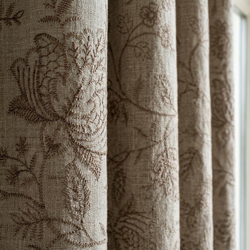 Natural Beige Linen Curtains, Taupe Jacobean Floral Embroidered Drapes, Custom Blackout Bedroom & Living Room Panels — image 7