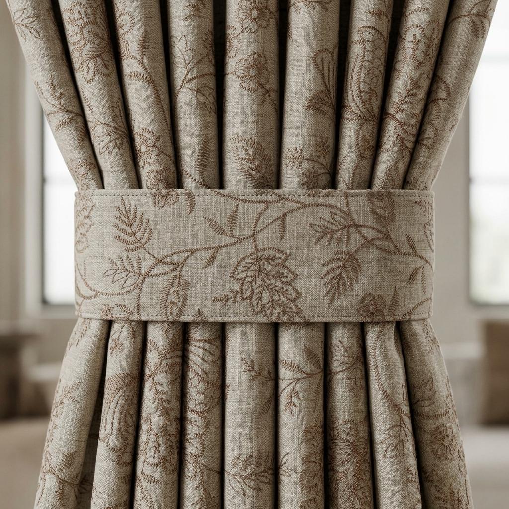 Natural Beige Linen Curtains, Taupe Jacobean Floral Embroidered Drapes, Custom Blackout Bedroom & Living Room Panels — image 2