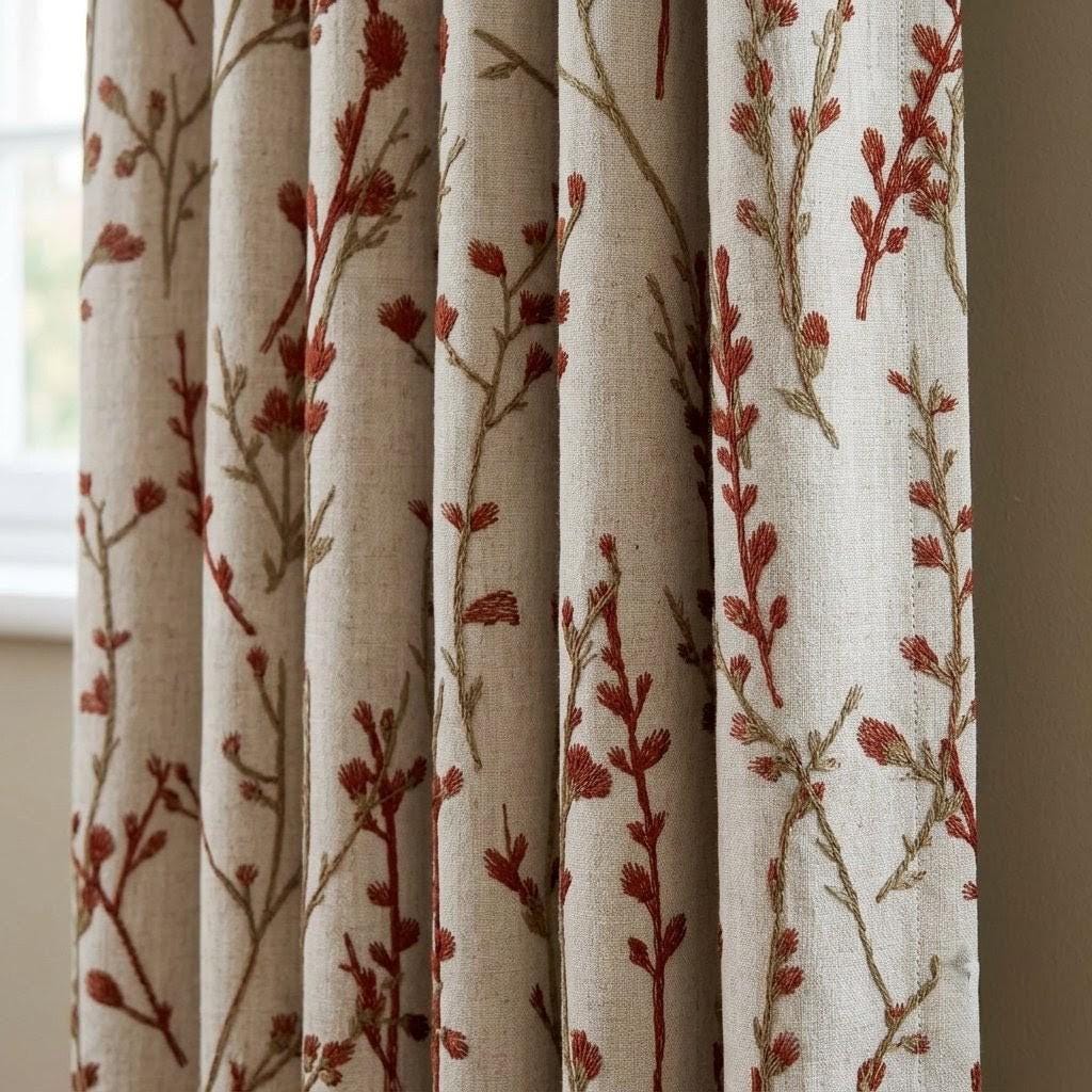 Rust Wildflower Embroidered Pure Linen Curtains, Oatmeal Botanical Drapes, Custom Blackout or Light Filtering Panels — image 1