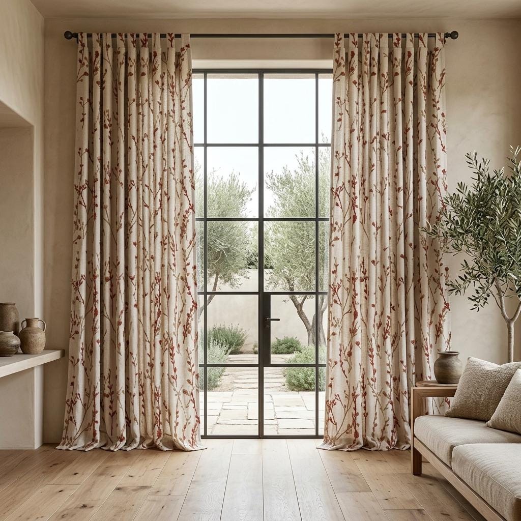 Rust Wildflower Embroidered Pure Linen Curtains, Oatmeal Botanical Drapes, Custom Blackout or Light Filtering Panels — image 10