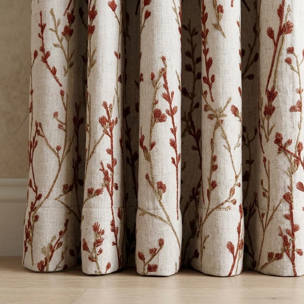 Rust Wildflower Embroidered Pure Linen Curtains, Oatmeal Botanical Drapes, Custom Blackout or Light Filtering Panels — image 4