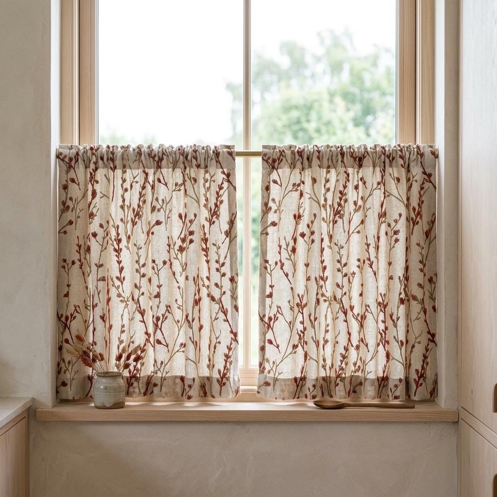 Rust Wildflower Embroidered Pure Linen Curtains, Oatmeal Botanical Drapes, Custom Blackout or Light Filtering Panels — image 9
