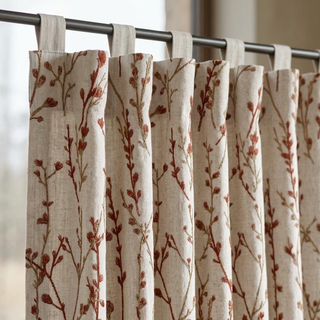 Rust Wildflower Embroidered Pure Linen Curtains, Oatmeal Botanical Drapes, Custom Blackout or Light Filtering Panels — image 8