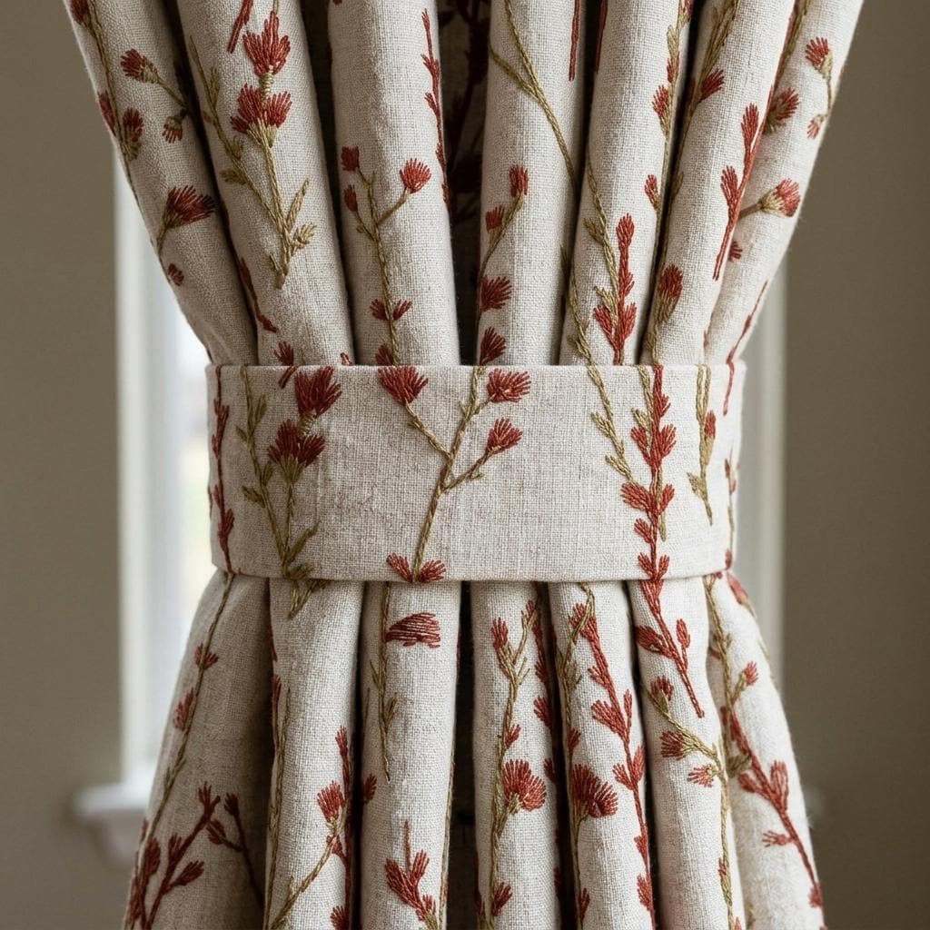 Rust Wildflower Embroidered Pure Linen Curtains, Oatmeal Botanical Drapes, Custom Blackout or Light Filtering Panels — image 1