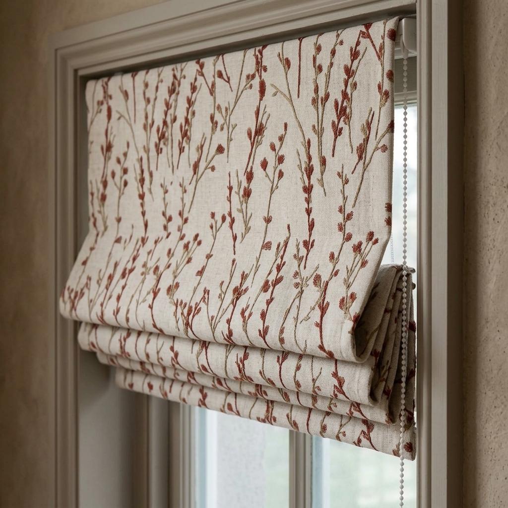 Rust Red Wildflower Pure Linen Roman Shade: Embroidered Custom Corded Blind, Blackout or Light Filtering — image 1