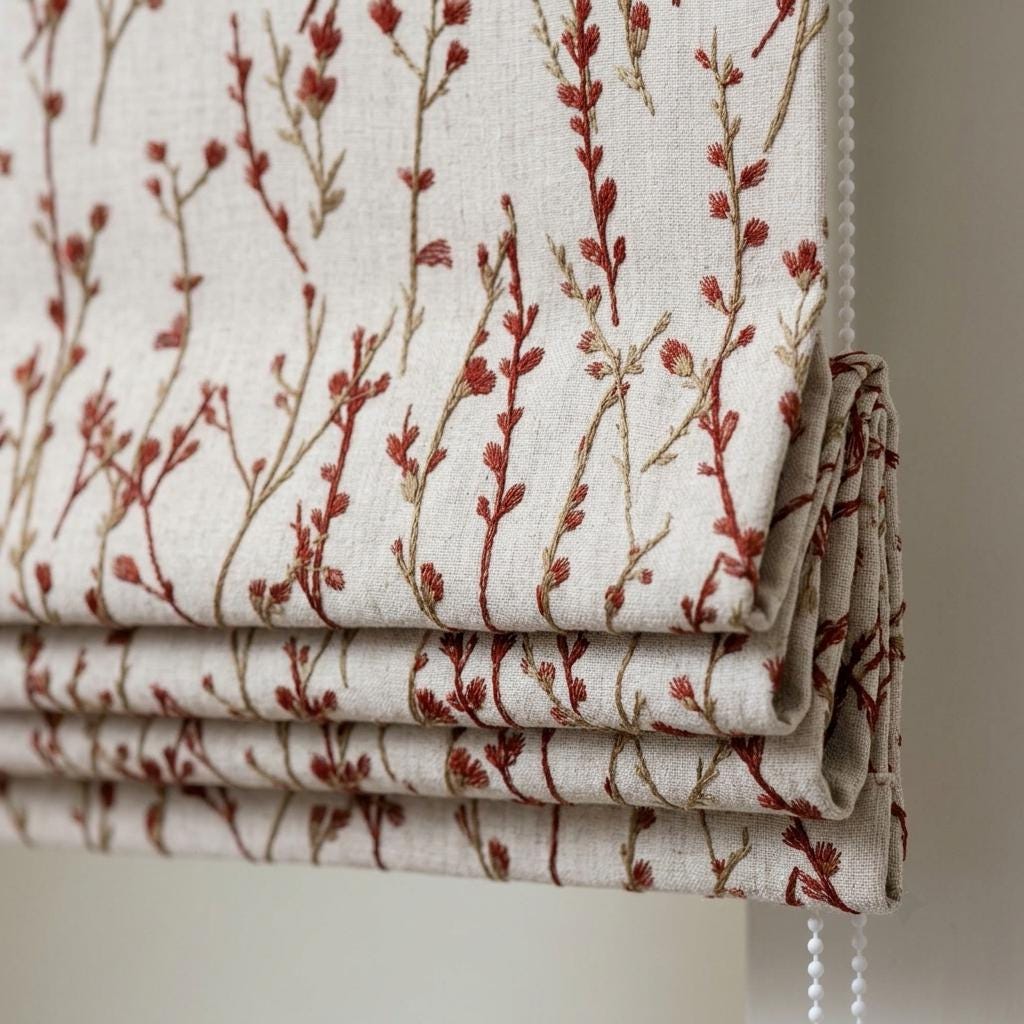 Rust Red Wildflower Pure Linen Roman Shade: Embroidered Custom Corded Blind, Blackout or Light Filtering — image 1