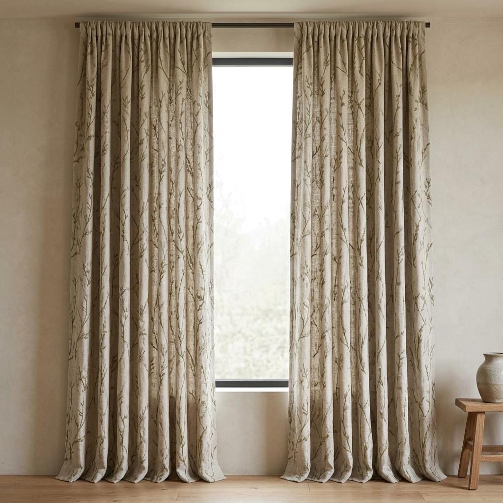 Embroidered Pure Linen Curtains, Oatmeal with Olive Green & Gray Wildflowers, Custom Blackout or Light Filtering Botanical Drapes — image 4