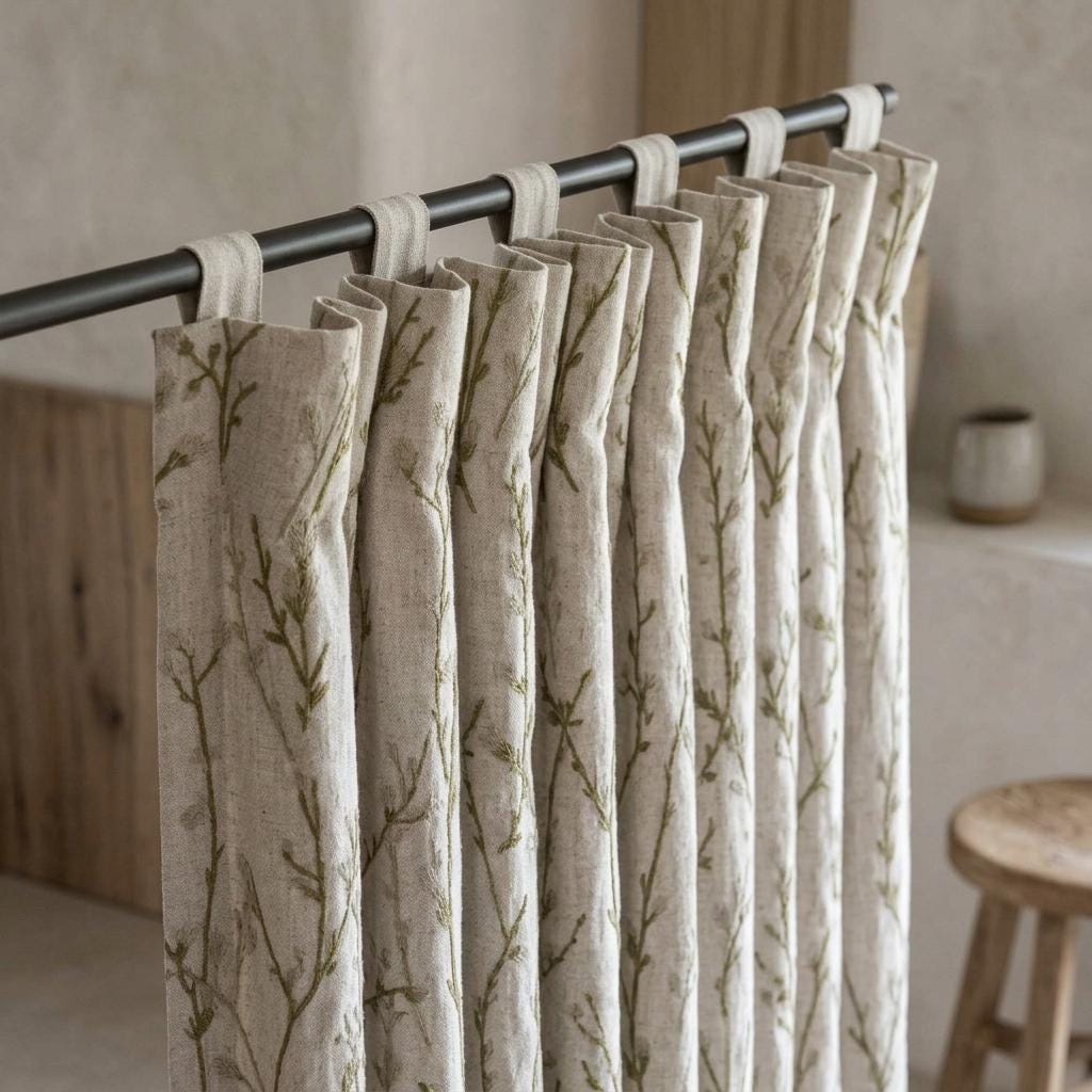 Embroidered Pure Linen Curtains, Oatmeal with Olive Green & Gray Wildflowers, Custom Blackout or Light Filtering Botanical Drapes — image 5