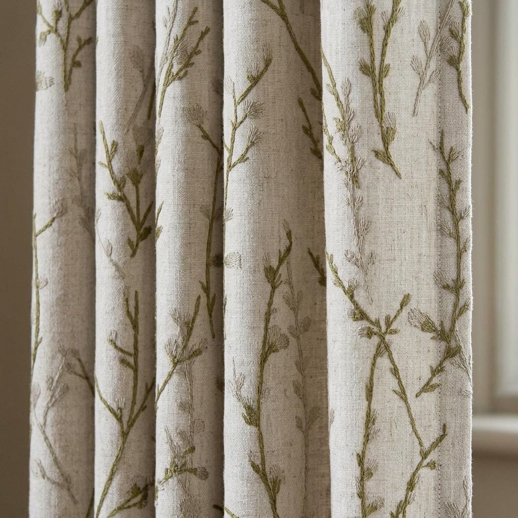 Embroidered Pure Linen Curtains, Oatmeal with Olive Green & Gray Wildflowers, Custom Blackout or Light Filtering Botanical Drapes — image 1