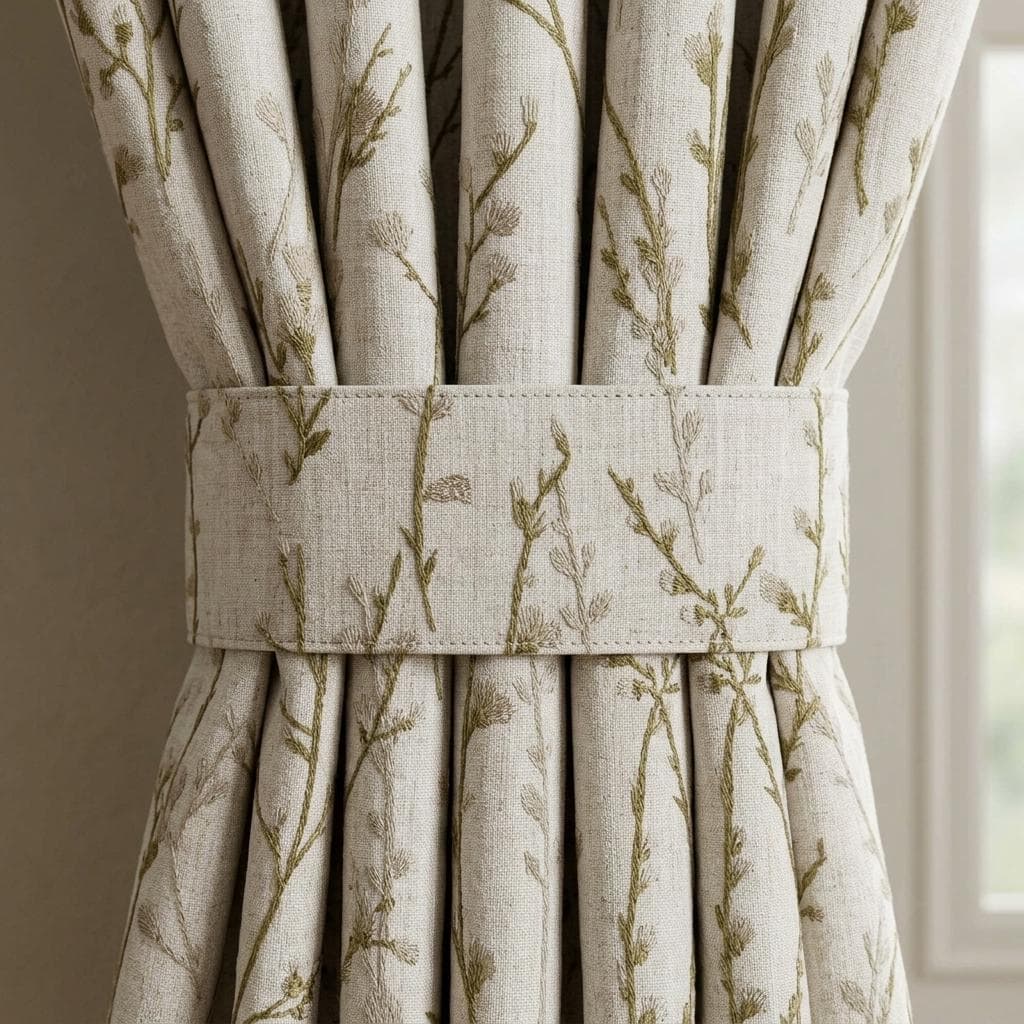Embroidered Pure Linen Curtains, Oatmeal with Olive Green & Gray Wildflowers, Custom Blackout or Light Filtering Botanical Drapes — image 1