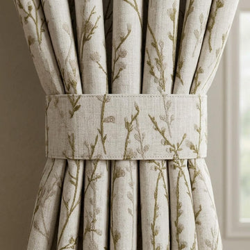 Embroidered Pure Linen Curtains, Oatmeal with Olive Green & Gray Wildflowers, Custom Blackout or Light Filtering Botanical Drapes — image 1