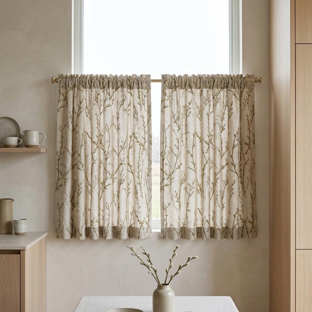 Embroidered Pure Linen Curtains, Oatmeal with Olive Green & Gray Wildflowers, Custom Blackout or Light Filtering Botanical Drapes — image 9