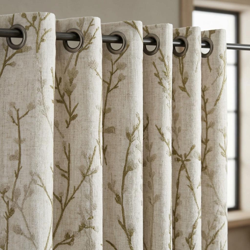 Embroidered Pure Linen Curtains, Oatmeal with Olive Green & Gray Wildflowers, Custom Blackout or Light Filtering Botanical Drapes — image 10