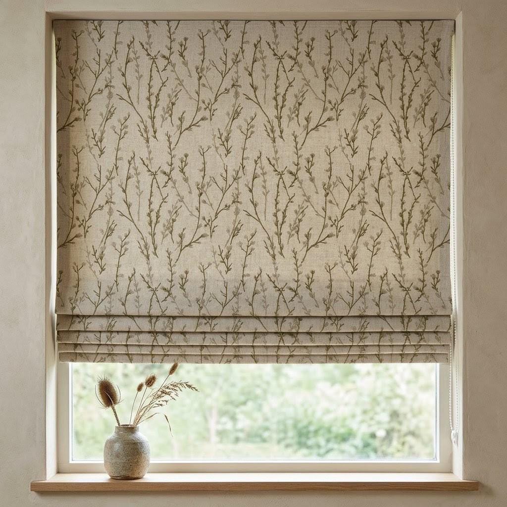 Sage Green Wildflower Linen Roman Shade, Beige Embroidered Botanical Custom Corded Blind, Blackout or Light Filtering — image 1