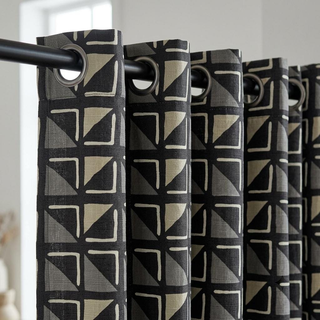 Black Ivory Tribal Linen Curtains, Boho Geometric Print Drapes, Heavy Custom Blackout Curtain Panels, Cafe Curtains — image 5