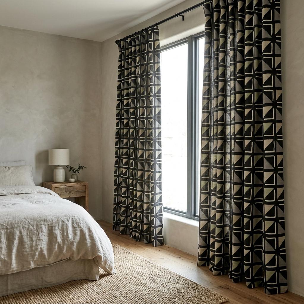 Black Ivory Tribal Linen Curtains, Boho Geometric Print Drapes, Heavy Custom Blackout Curtain Panels, Cafe Curtains — image 3