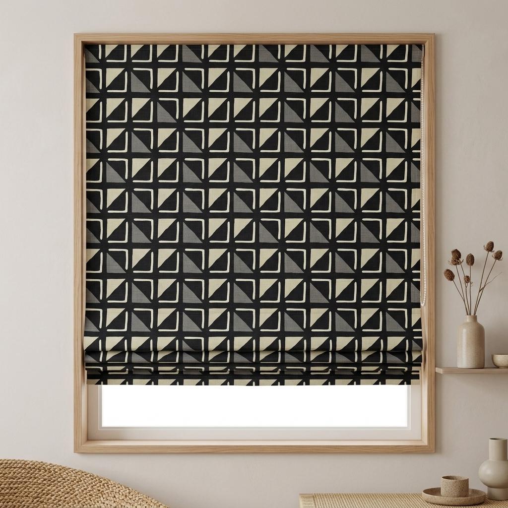 Black Pure Linen Roman Shade, Tribal Boho Geometric Corded Roman Blind, Custom Blackout Window Shade, Cream Gray — image 2