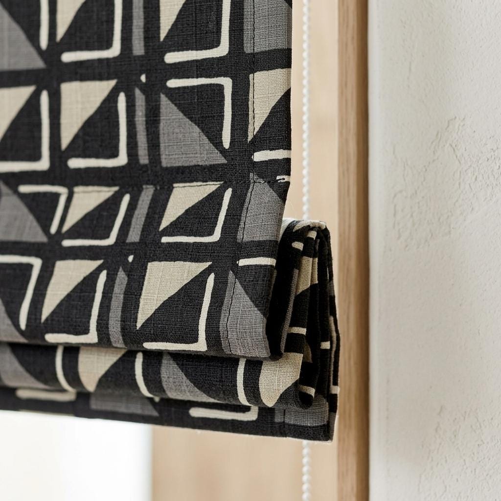 Black Pure Linen Roman Shade, Tribal Boho Geometric Corded Roman Blind, Custom Blackout Window Shade, Cream Gray — image 4