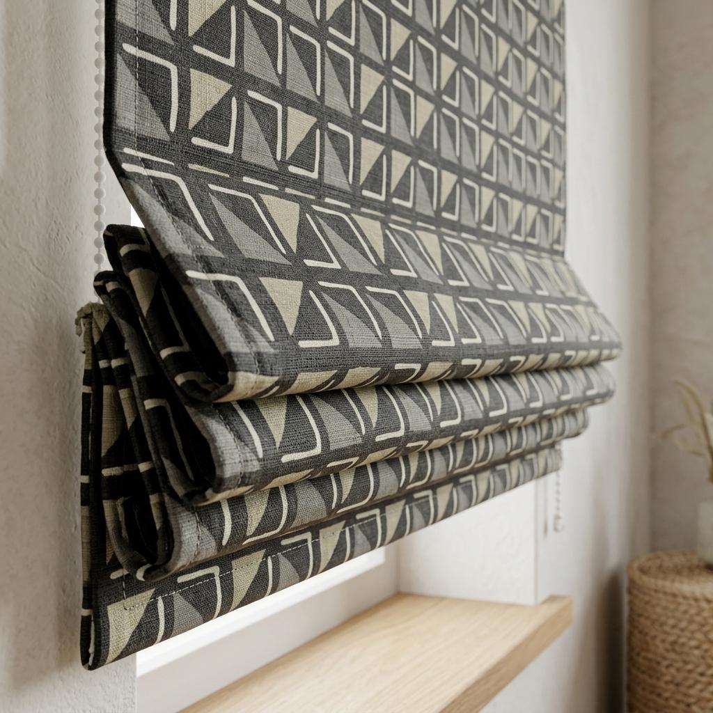 Black Pure Linen Roman Shade, Tribal Boho Geometric Corded Roman Blind, Custom Blackout Window Shade, Cream Gray — image 8