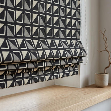 Black Pure Linen Roman Shade, Tribal Boho Geometric Corded Roman Blind, Custom Blackout Window Shade, Cream Gray — image 1