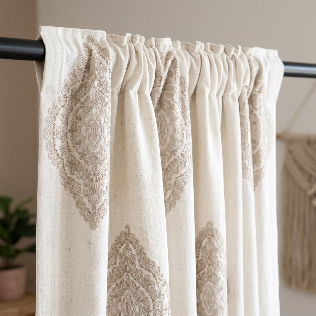 Ivory Beige Embroidered Linen Curtains, Ornate Medallion Damask Drapes, Custom Blackout Linen Panels, Heavy Linen Curtains — image 5