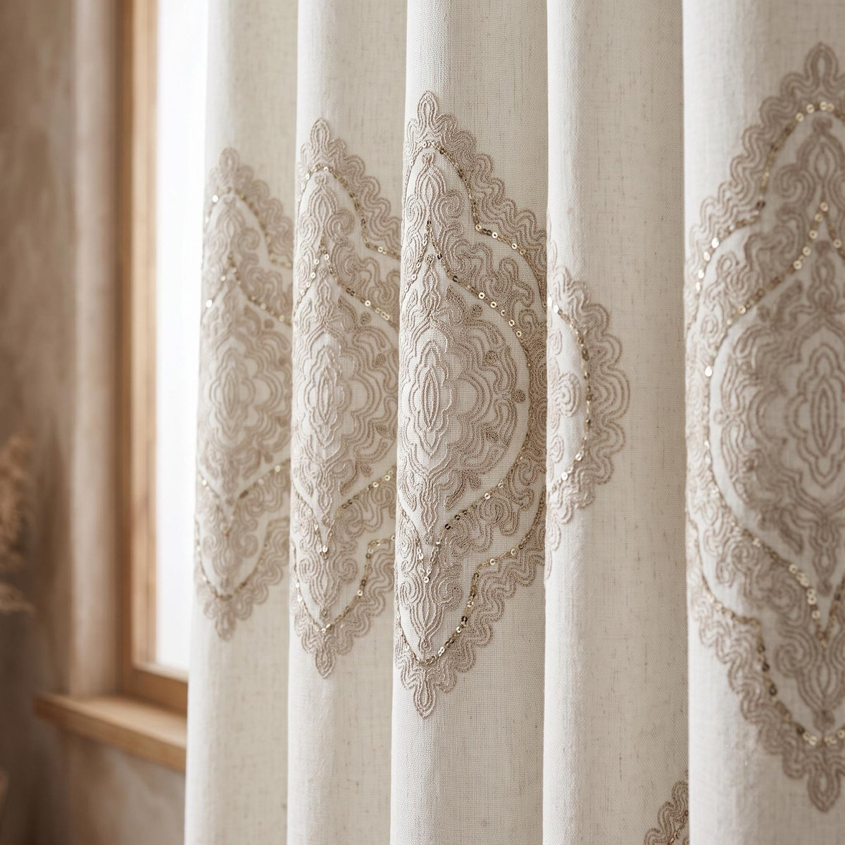 Ivory Beige Embroidered Linen Curtains, Ornate Medallion Damask Drapes, Custom Blackout Linen Panels, Heavy Linen Curtains — image 9