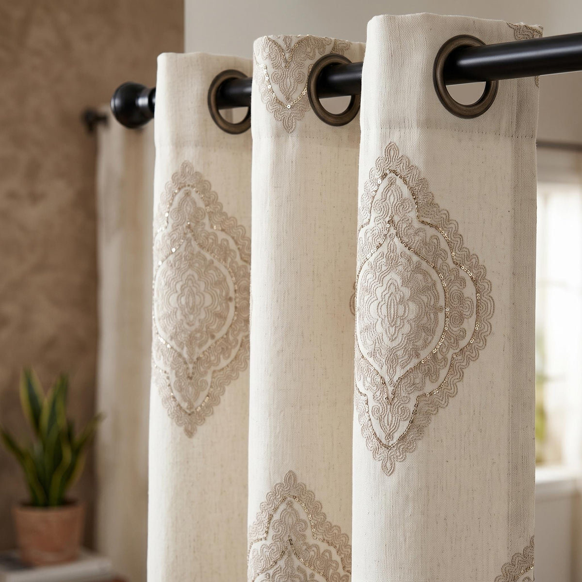 Ivory Beige Embroidered Linen Curtains, Ornate Medallion Damask Drapes, Custom Blackout Linen Panels, Heavy Linen Curtains — image 7