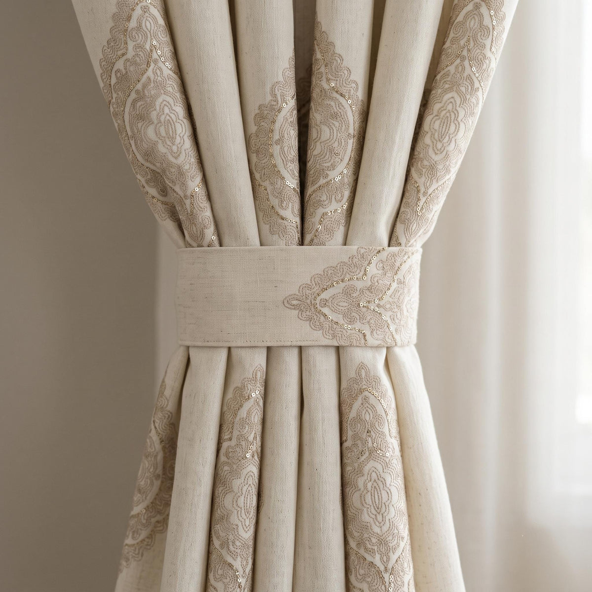 Ivory Beige Embroidered Linen Curtains, Ornate Medallion Damask Drapes, Custom Blackout Linen Panels, Heavy Linen Curtains — image 2