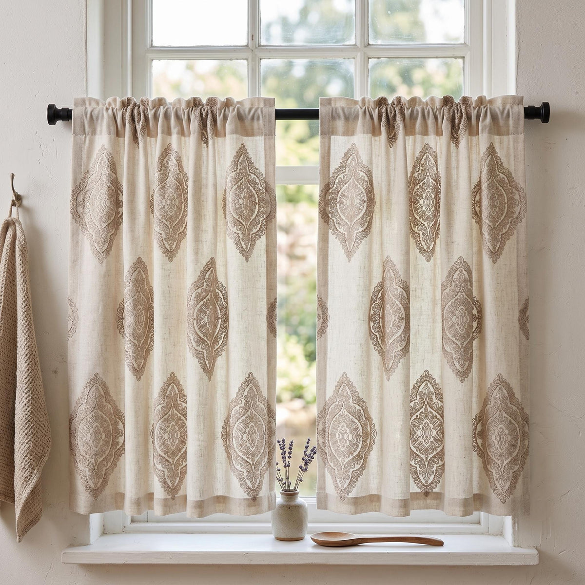 Ivory Beige Embroidered Linen Curtains, Ornate Medallion Damask Drapes, Custom Blackout Linen Panels, Heavy Linen Curtains — image 8