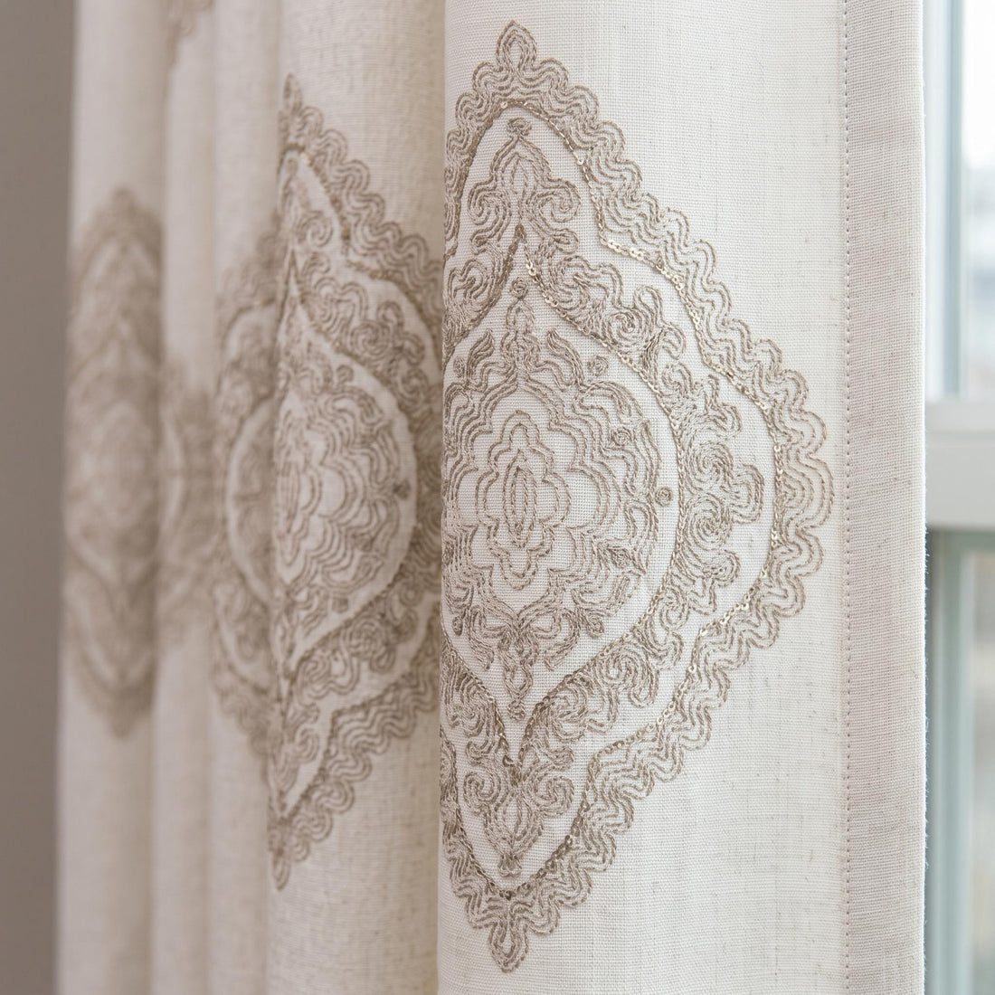 Ivory Beige Embroidered Linen Curtains, Ornate Medallion Damask Drapes, Custom Blackout Linen Panels, Heavy Linen Curtains — image 1