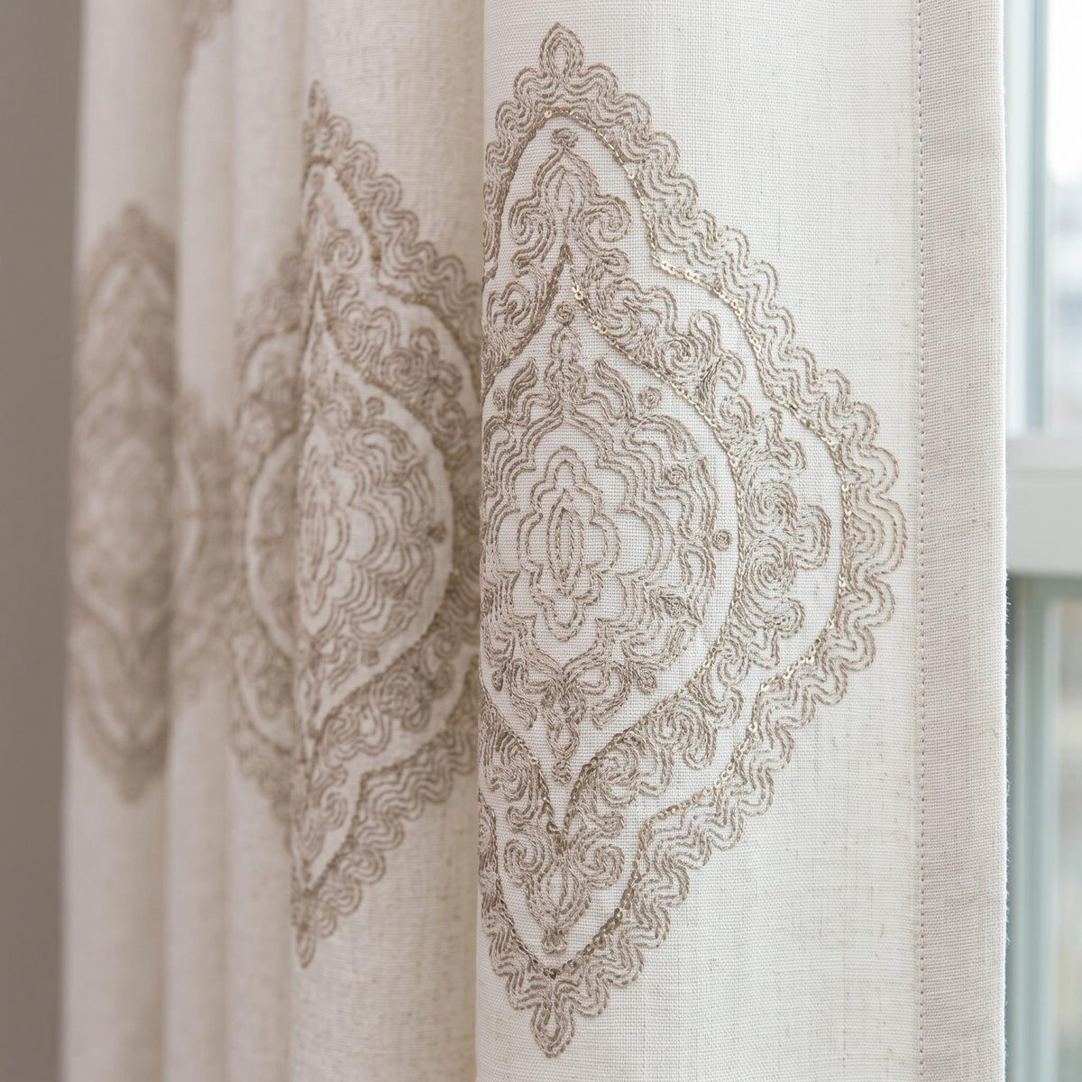 Ivory Beige Embroidered Linen Curtains, Ornate Medallion Damask Drapes, Custom Blackout Linen Panels, Heavy Linen Curtains — image 1
