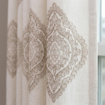 Ivory Beige Embroidered Linen Curtains, Ornate Medallion Damask Drapes, Custom Blackout Linen Panels, Heavy Linen Curtains — image 1