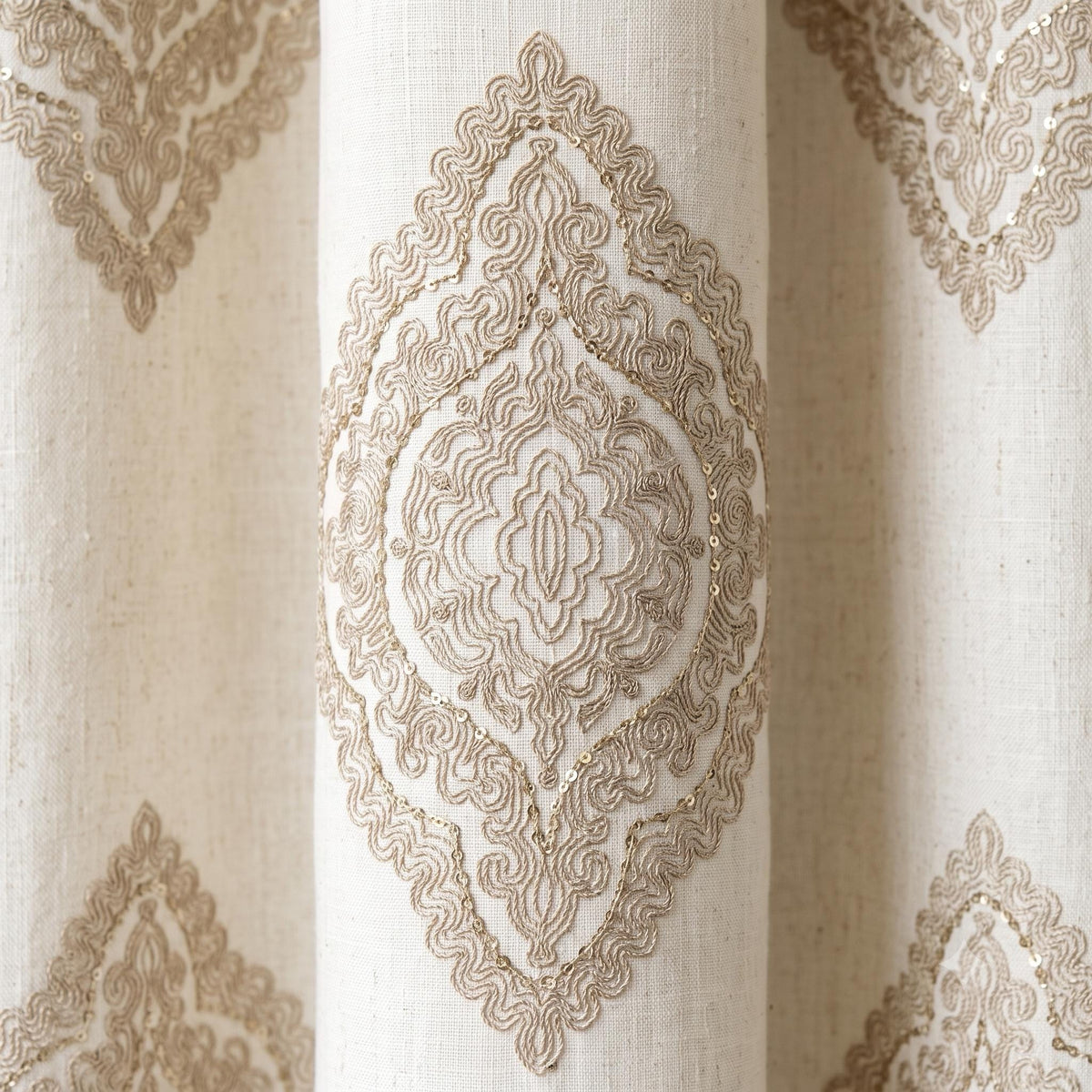 Ivory Beige Embroidered Linen Curtains, Ornate Medallion Damask Drapes, Custom Blackout Linen Panels, Heavy Linen Curtains — image 6