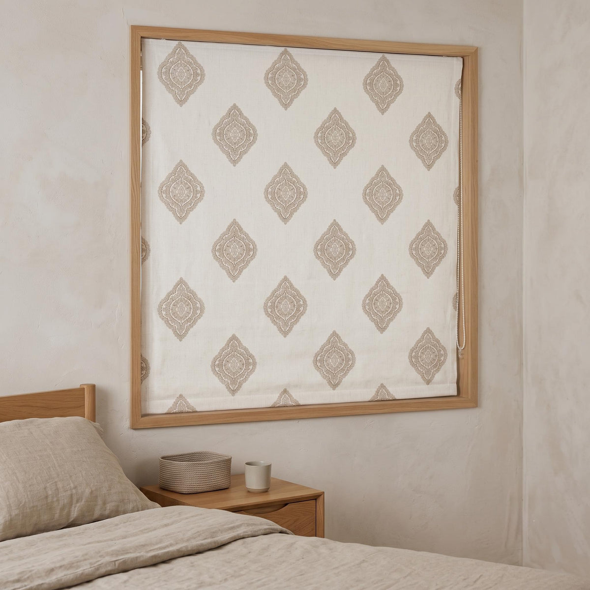 Custom Ivory Linen Roman Shade, Beige Gold Embroidered Damask Blind, Blackout Window Treatment, Corded Roman Blinds — image 7