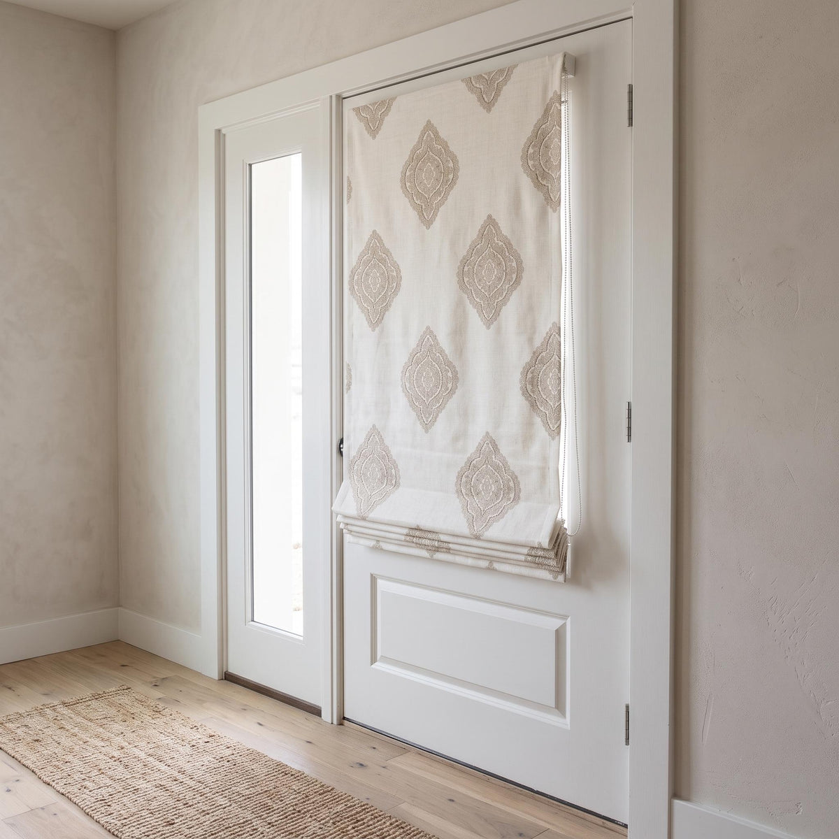 Custom Ivory Linen Roman Shade, Beige Gold Embroidered Damask Blind, Blackout Window Treatment, Corded Roman Blinds — image 4