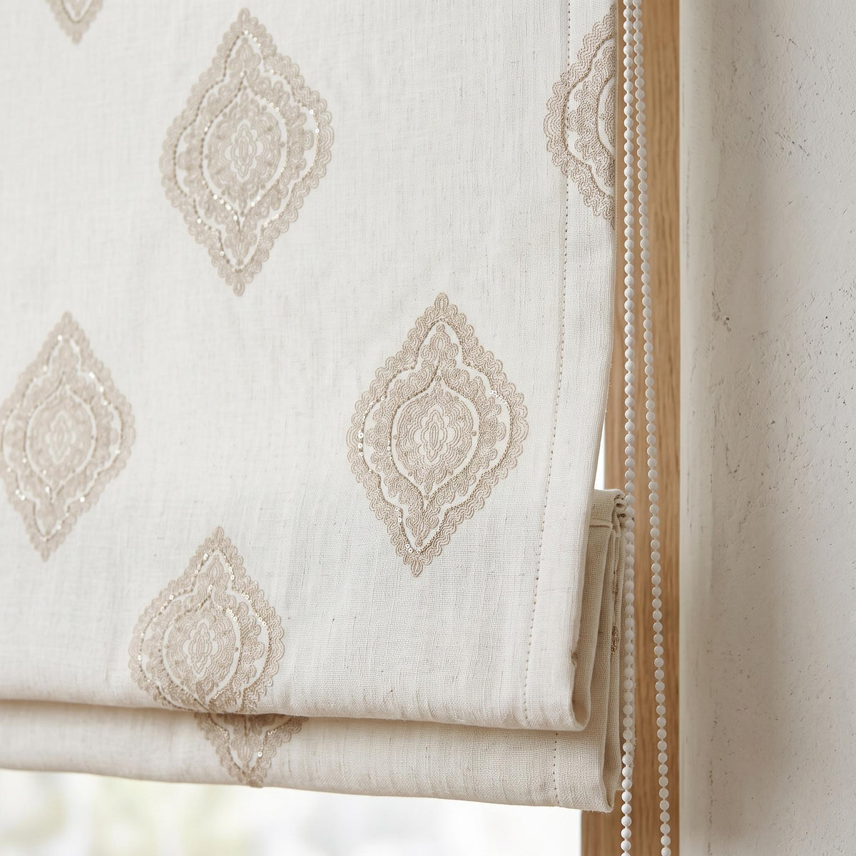 Custom Ivory Linen Roman Shade, Beige Gold Embroidered Damask Blind, Blackout Window Treatment, Corded Roman Blinds — image 6