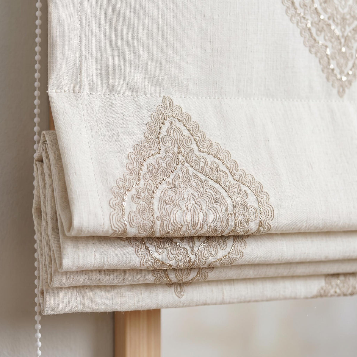 Custom Ivory Linen Roman Shade, Beige Gold Embroidered Damask Blind, Blackout Window Treatment, Corded Roman Blinds — image 2