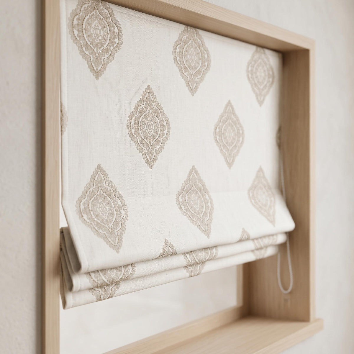 Custom Ivory Linen Roman Shade, Beige Gold Embroidered Damask Blind, Blackout Window Treatment, Corded Roman Blinds — image 1