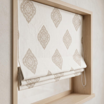 Custom Ivory Linen Roman Shade, Beige Gold Embroidered Damask Blind, Blackout Window Treatment, Corded Roman Blinds — image 1
