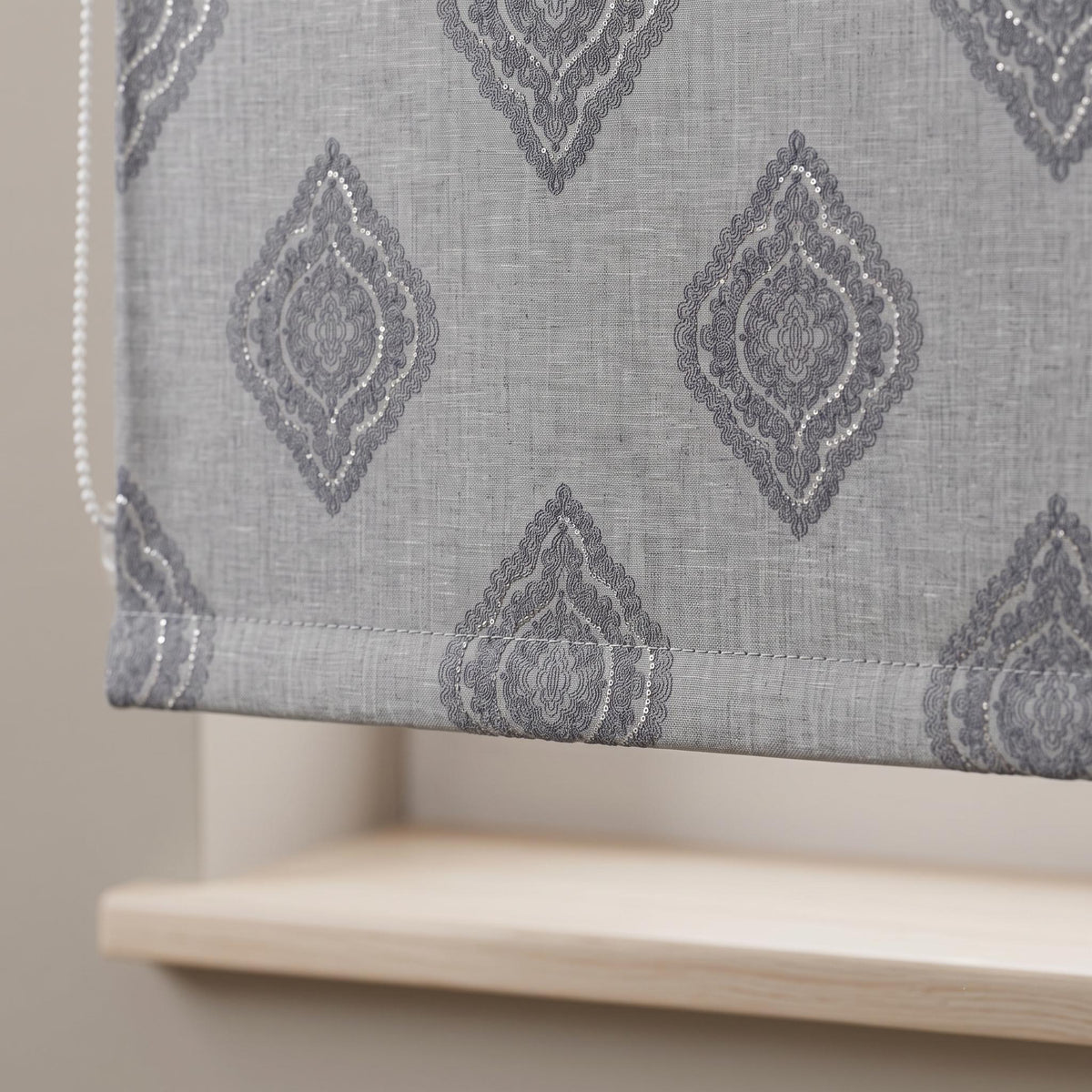 Gray Linen Roman Shade, Charcoal Embroidered Damask Roman Blind, Custom Blackout Window Shade, Corded Medallion Linen Shade — image 4