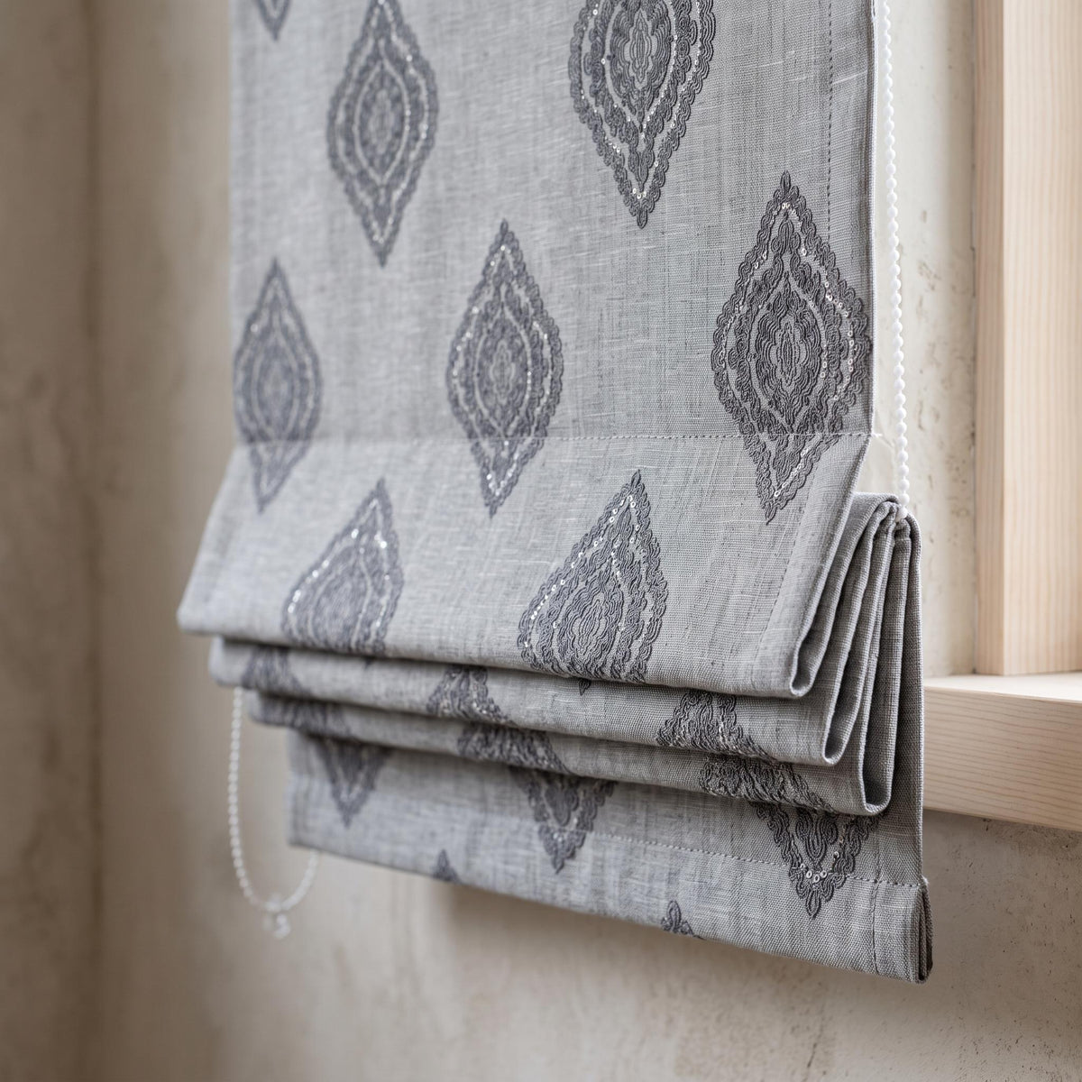 Gray Linen Roman Shade, Charcoal Embroidered Damask Roman Blind, Custom Blackout Window Shade, Corded Medallion Linen Shade — image 6