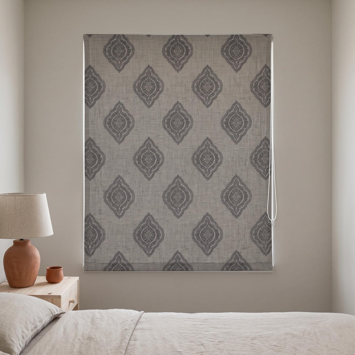 Gray Linen Roman Shade, Charcoal Embroidered Damask Roman Blind, Custom Blackout Window Shade, Corded Medallion Linen Shade — image 3