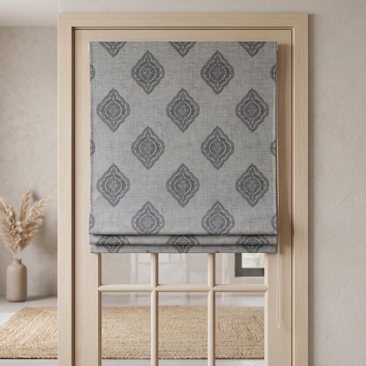 Gray Linen Roman Shade, Charcoal Embroidered Damask Roman Blind, Custom Blackout Window Shade, Corded Medallion Linen Shade — image 7