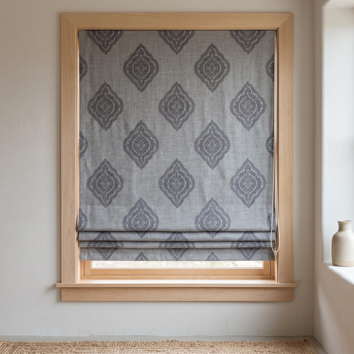 Gray Linen Roman Shade, Charcoal Embroidered Damask Roman Blind, Custom Blackout Window Shade, Corded Medallion Linen Shade — image 8