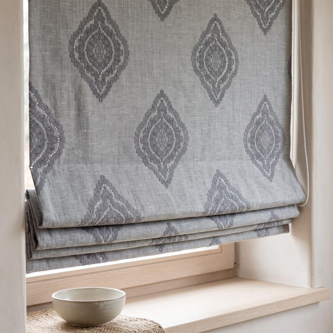 Gray Linen Roman Shade, Charcoal Embroidered Damask Roman Blind, Custom Blackout Window Shade, Corded Medallion Linen Shade — image 1