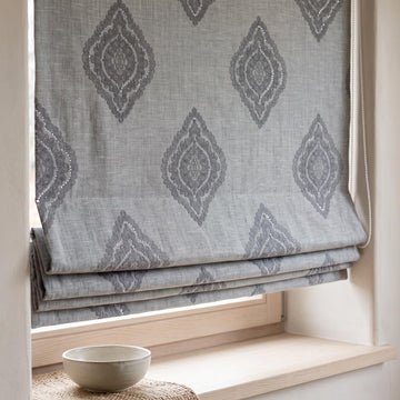 Gray Linen Roman Shade, Charcoal Embroidered Damask Roman Blind, Custom Blackout Window Shade, Corded Medallion Linen Shade — image 1